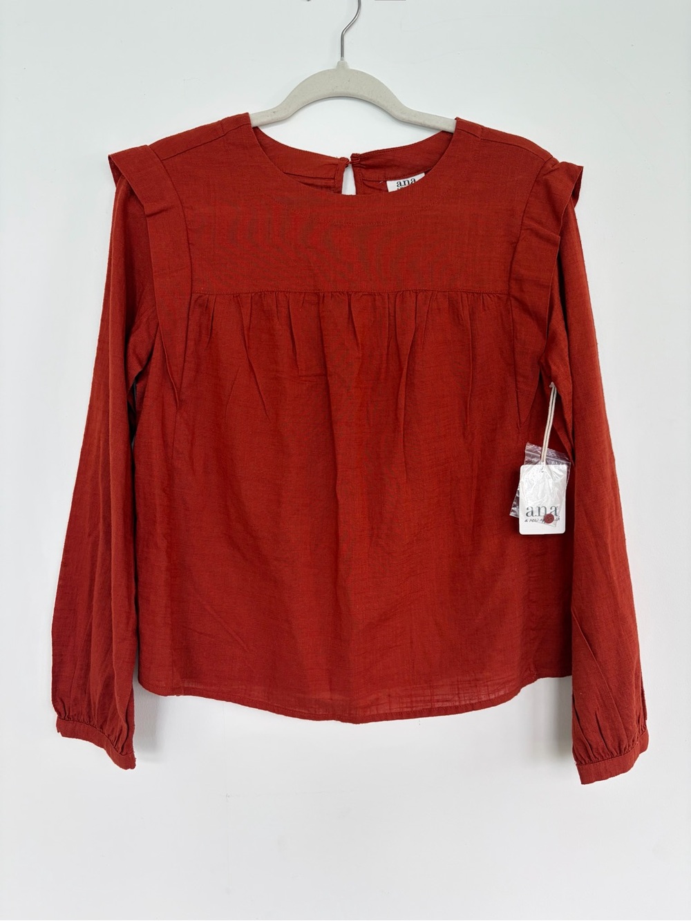 A.n.a A New Approach 100% Cotton Rust Red Peasant Blouse Ruffle Sleeve S